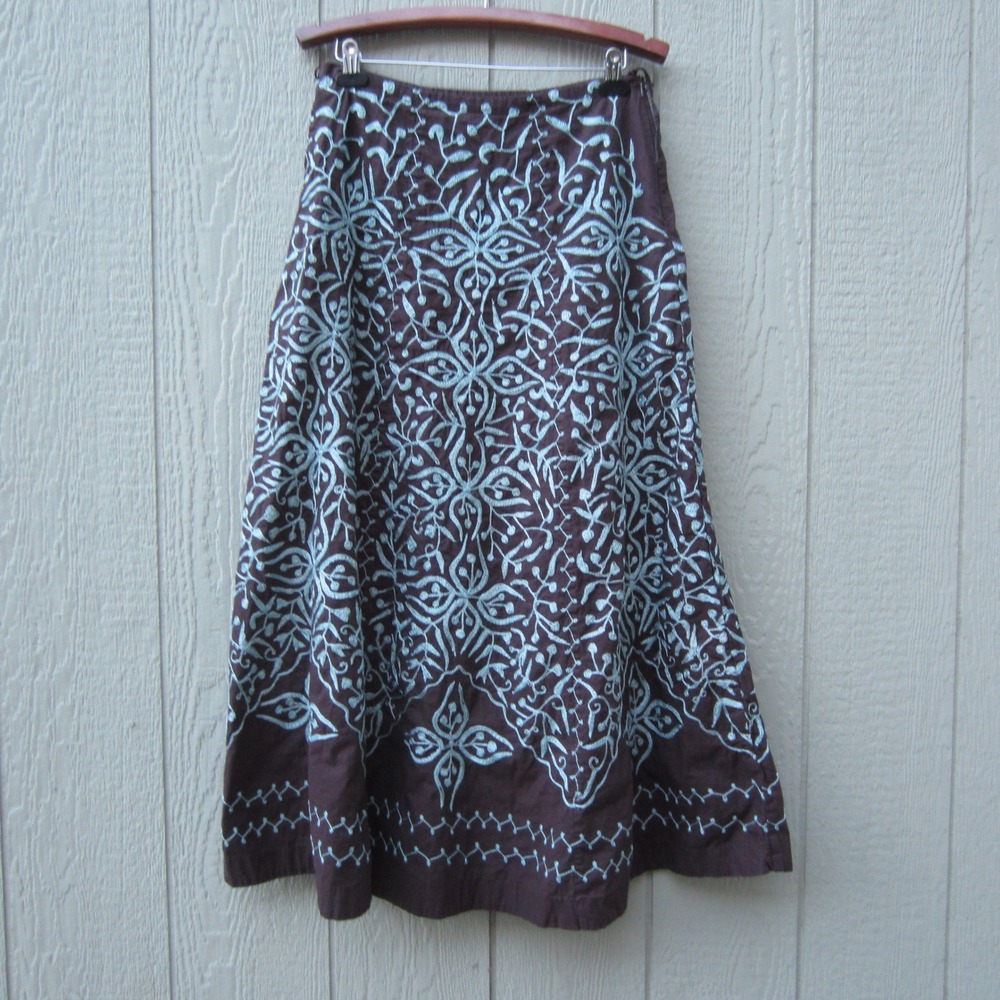 Soft Surroundings Brown Blue Embroidered Cotton Midi Skirt Size MT Tall Boho
